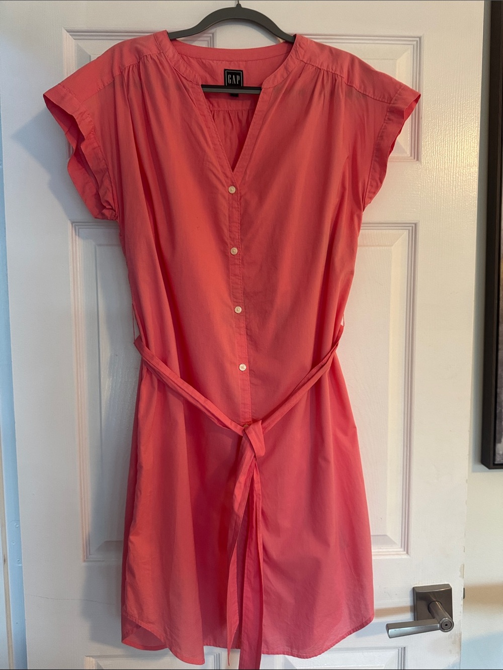 GAP Coral Pink Button-Front Tie-Waist Mini Dress